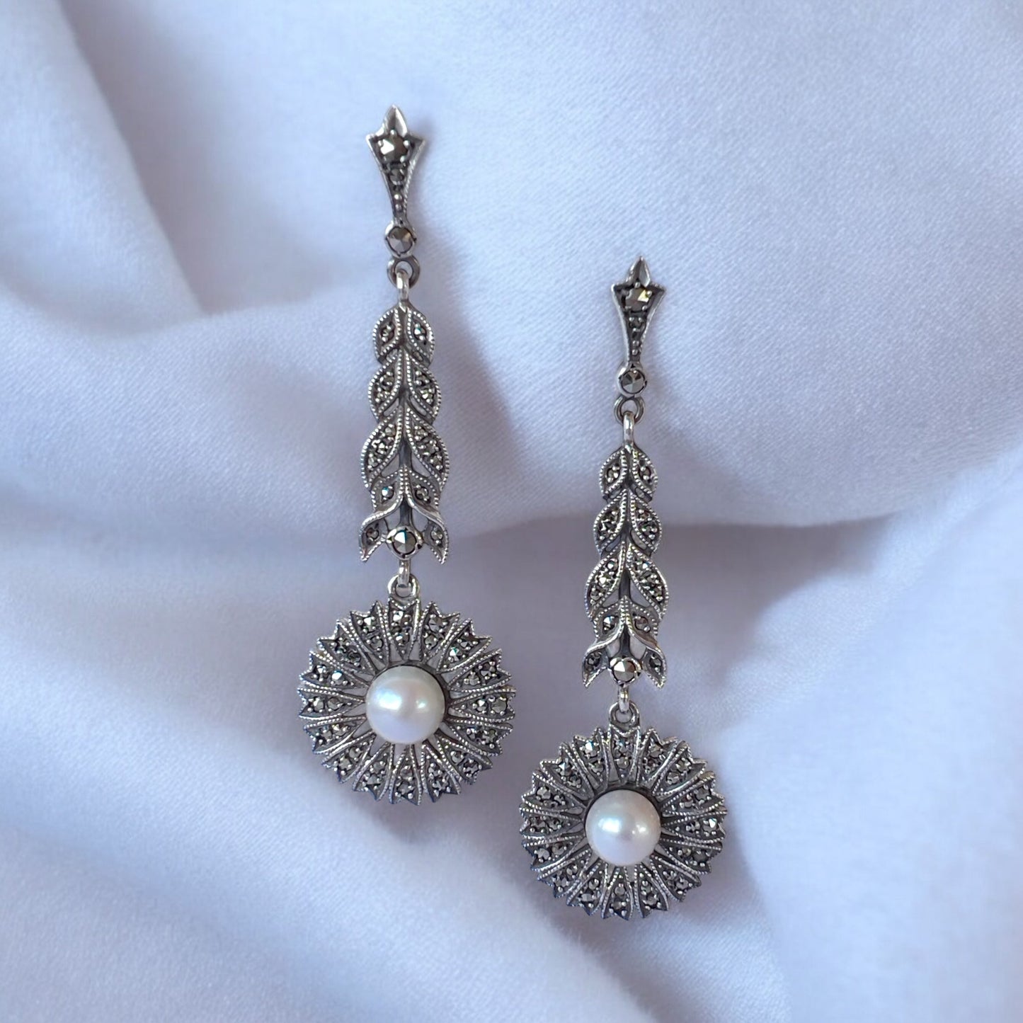 Vintage marcasite & pearl drop earrings Hudsons Estate Jewellery