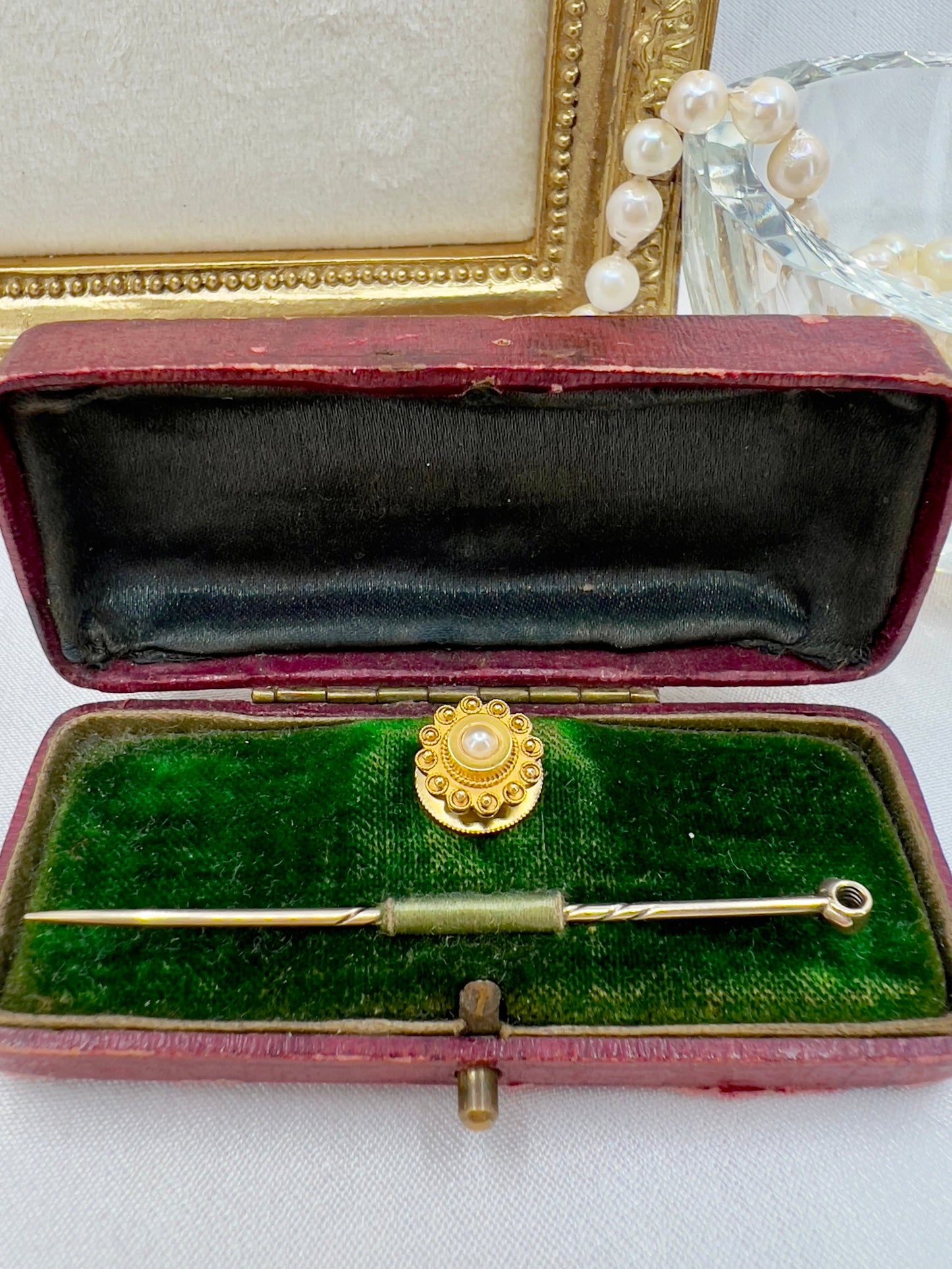 Antique 15ct gold convertible seed pearl stick pin Hudsons Estate Jewellery