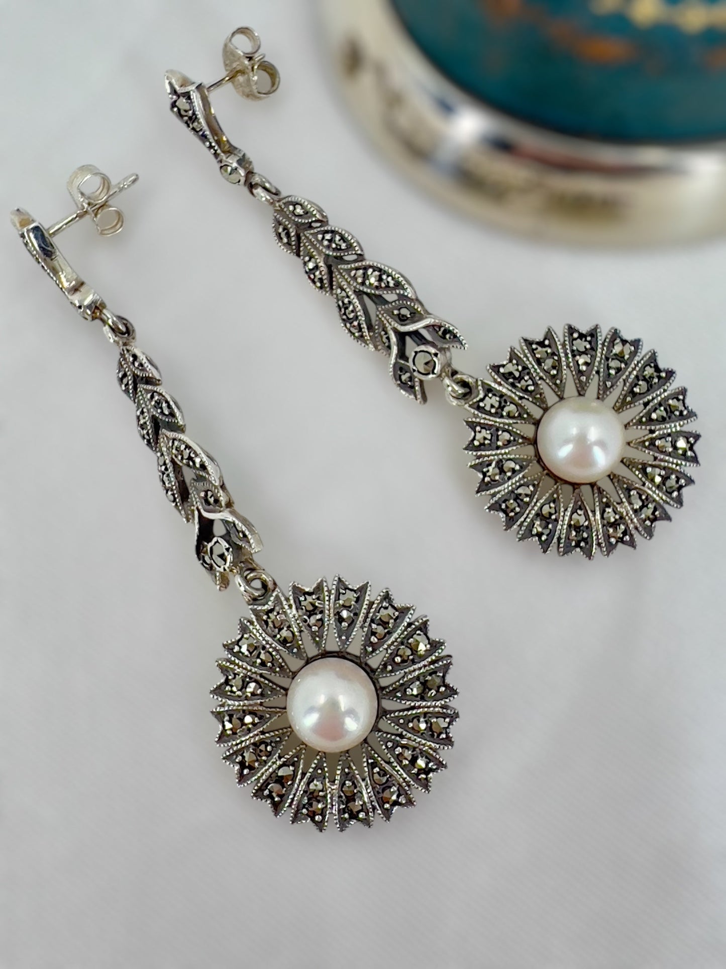 Vintage marcasite & pearl drop earrings Hudsons Estate Jewellery