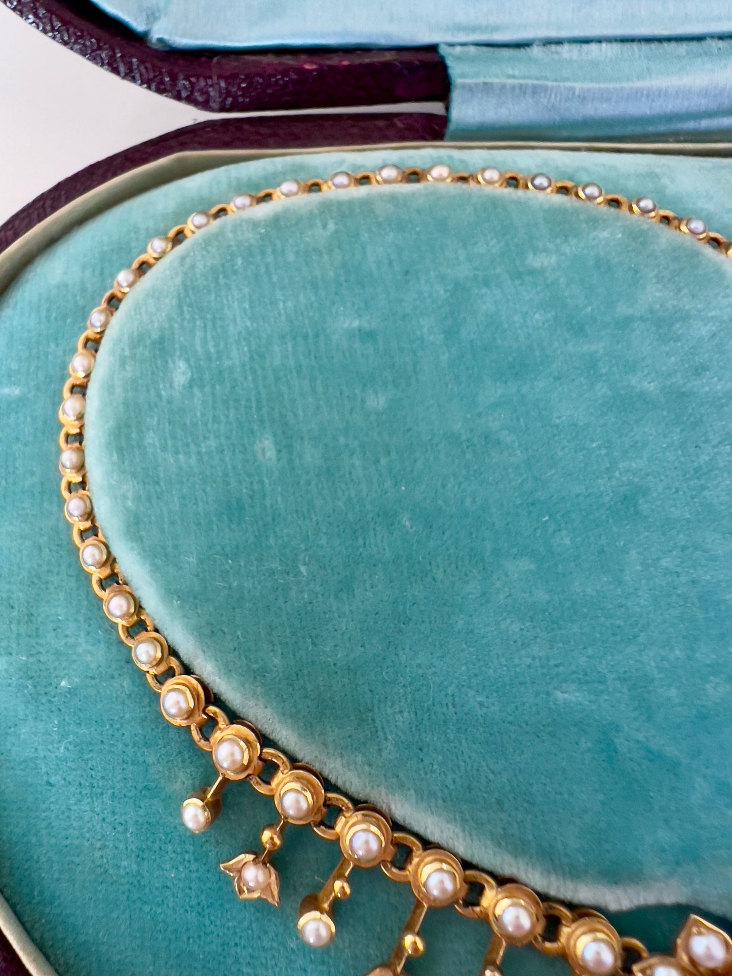 Antique seed pearl & 15ct gold necklace Hudsons Estate Jewellery