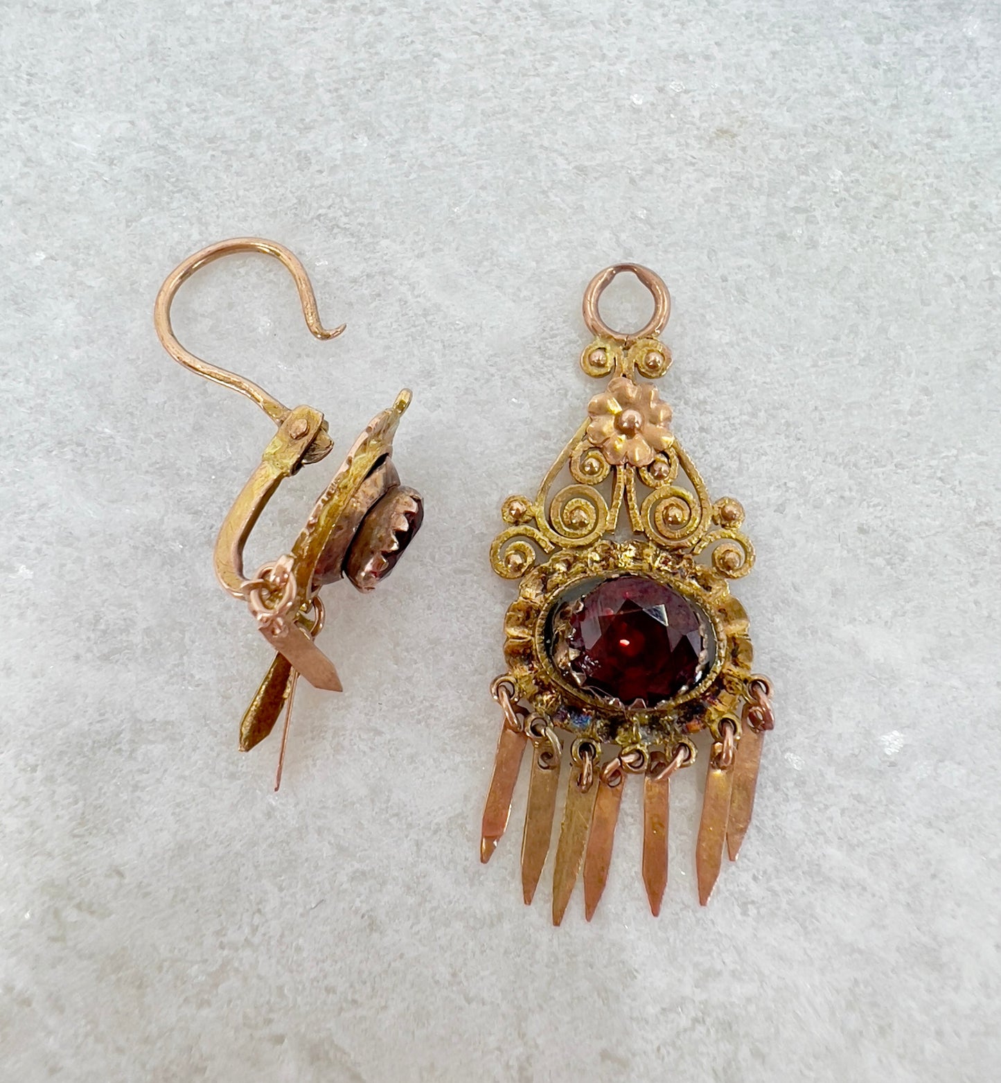 Gold & garnet tassel earrings Hudsons Estate Jewellery