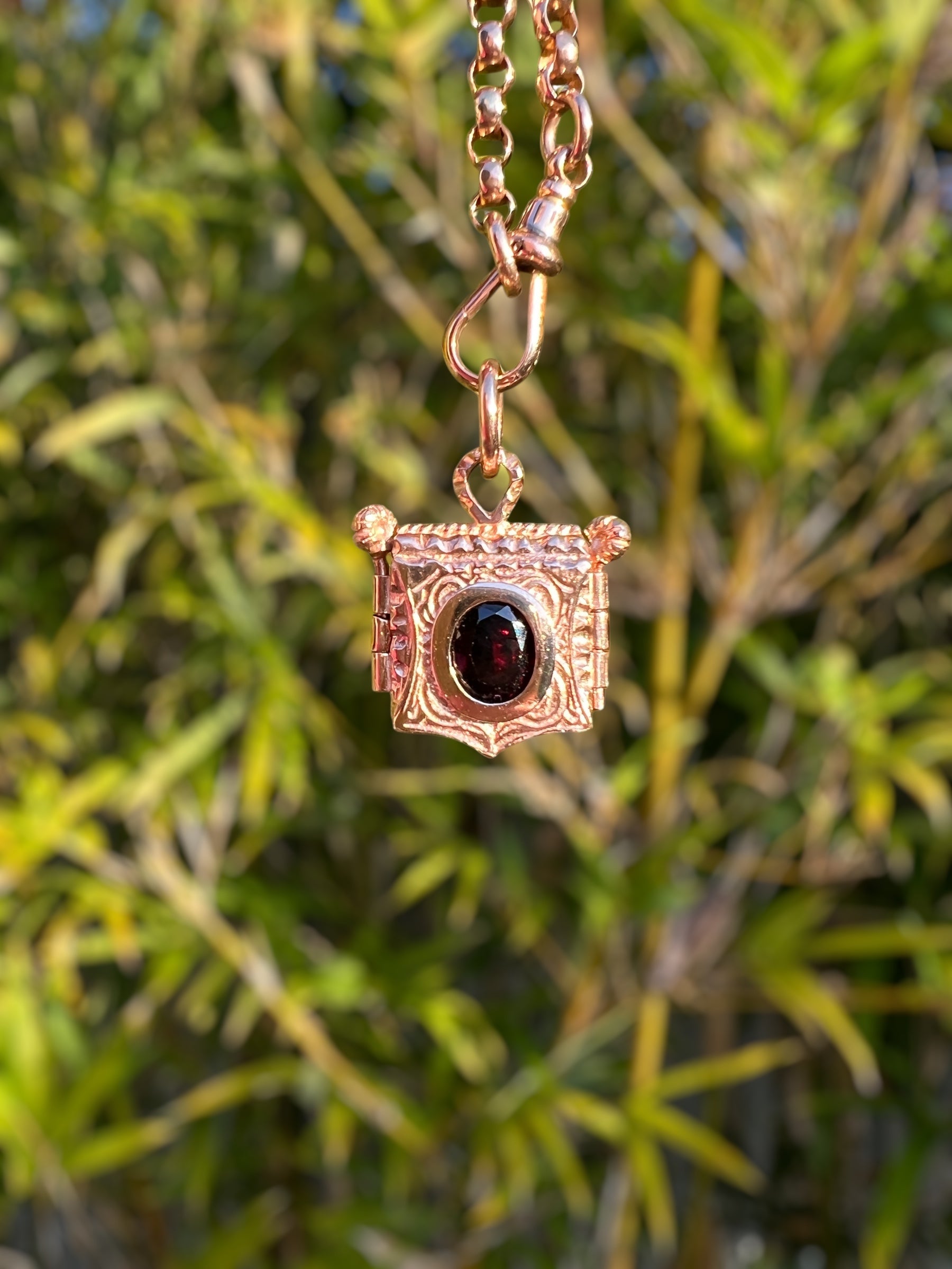 Garnet shield locket Hudsons Estate Jewellery