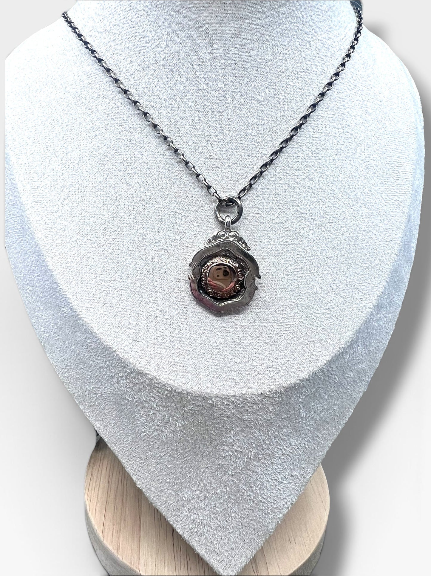 Vintage 1930 Fob Medallion in Sterling Silver & Rose Gold Hudsons Estate Jewellery