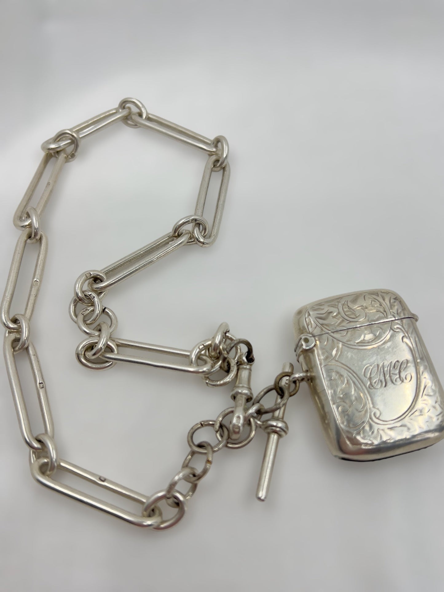 Antique silver trombone link chain with vesta Hudsons Estate Jewellery