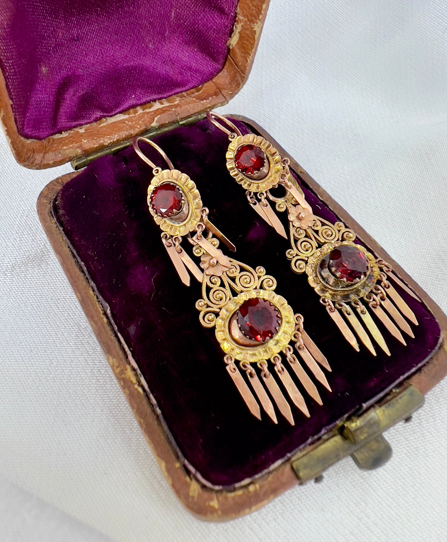 Gold & garnet tassel earrings Hudsons Estate Jewellery