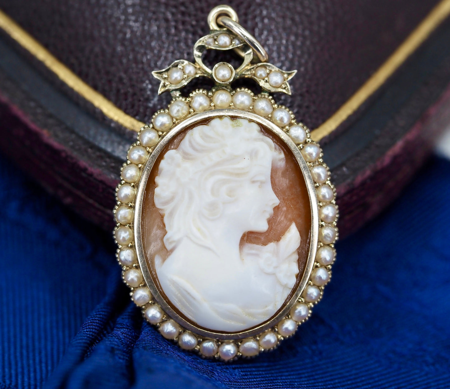 Edwardian style cameo in 9ct gold with seed pearls Hudsons Estate Jewellery