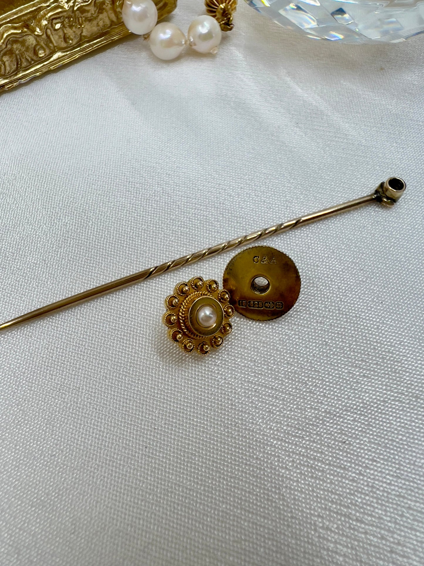 Antique 15ct gold convertible seed pearl stick pin Hudsons Estate Jewellery