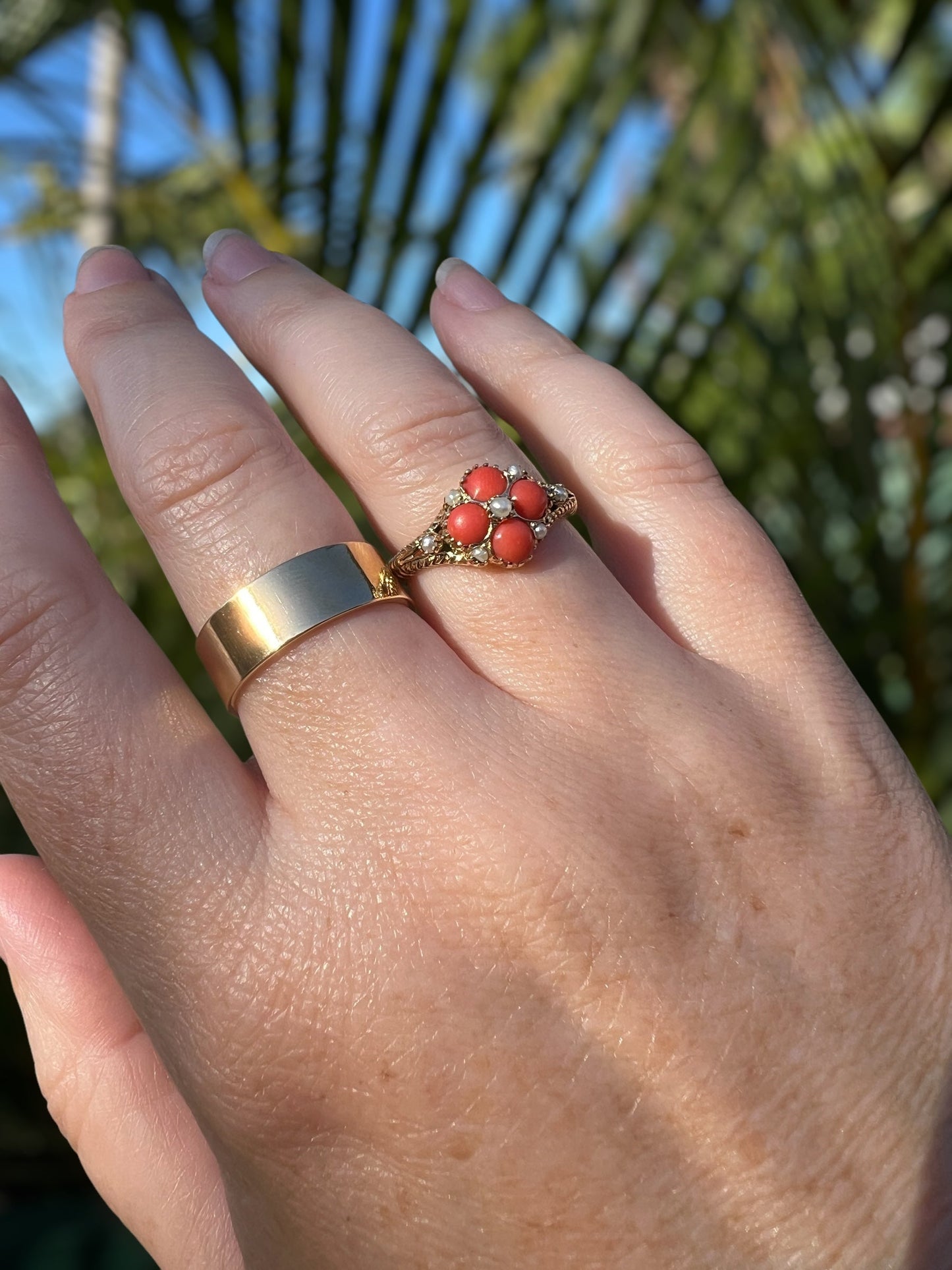 Pearl and coral ring in 9ct gold Hudsons Estate Jewellery