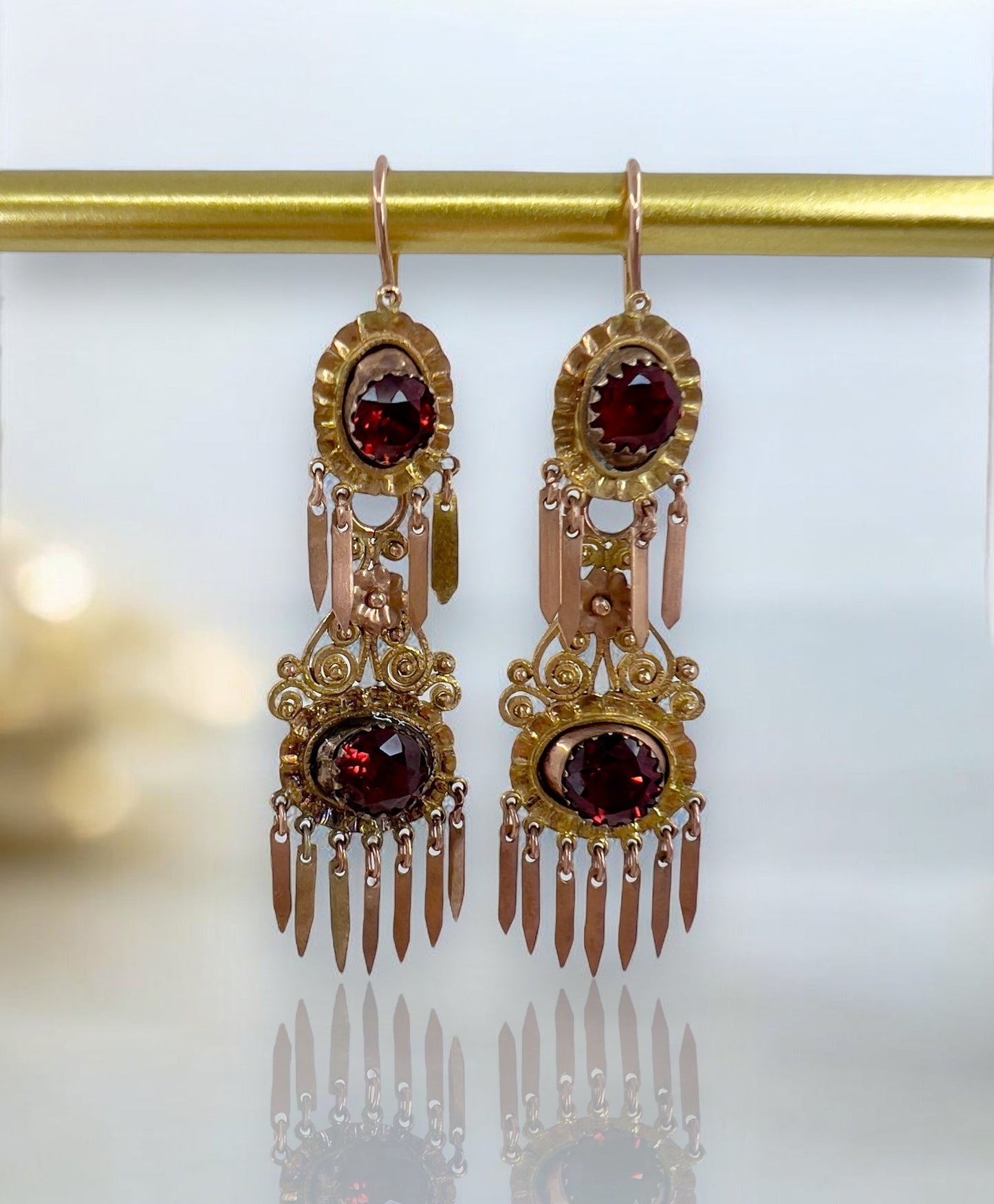 Gold & garnet tassel earrings Hudsons Estate Jewellery