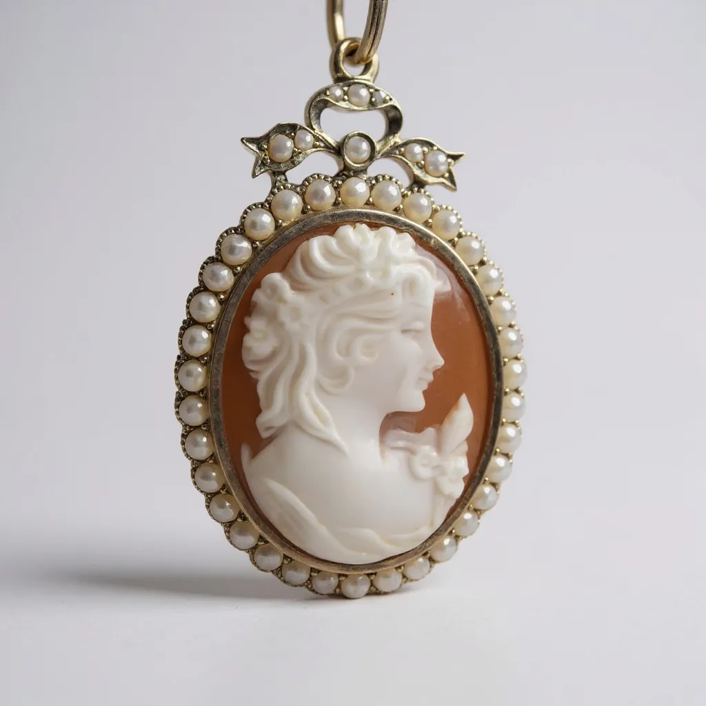 Edwardian style cameo in 9ct gold with seed pearls Hudsons Estate Jewellery