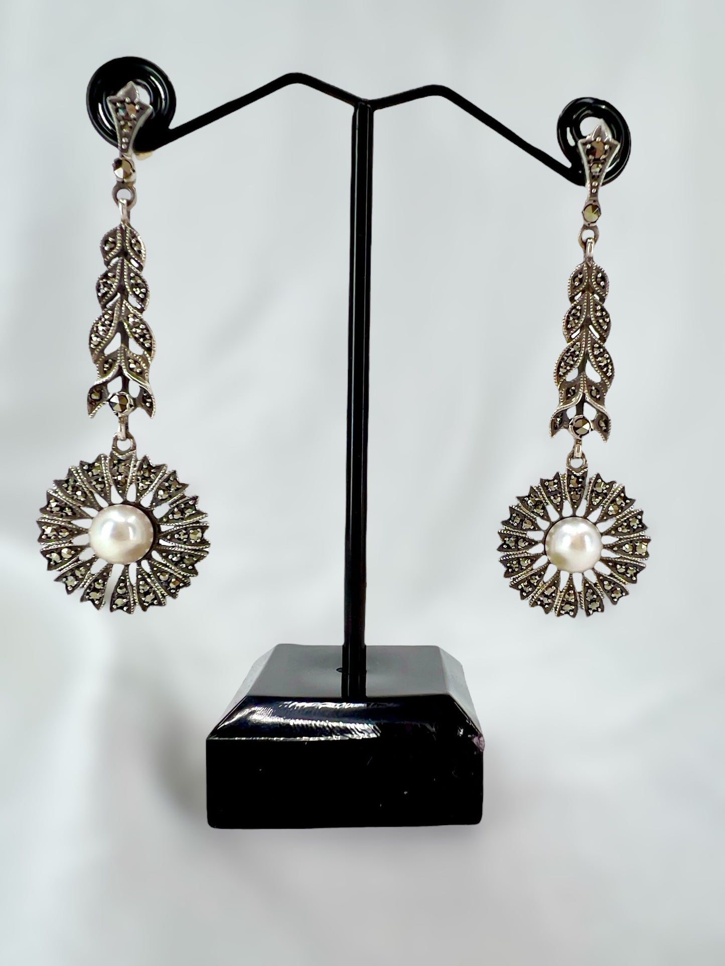 Vintage marcasite & pearl drop earrings Hudsons Estate Jewellery