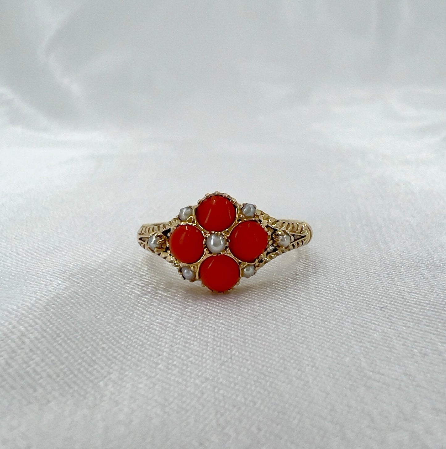 Pearl and coral ring in 9ct gold Hudsons Estate Jewellery
