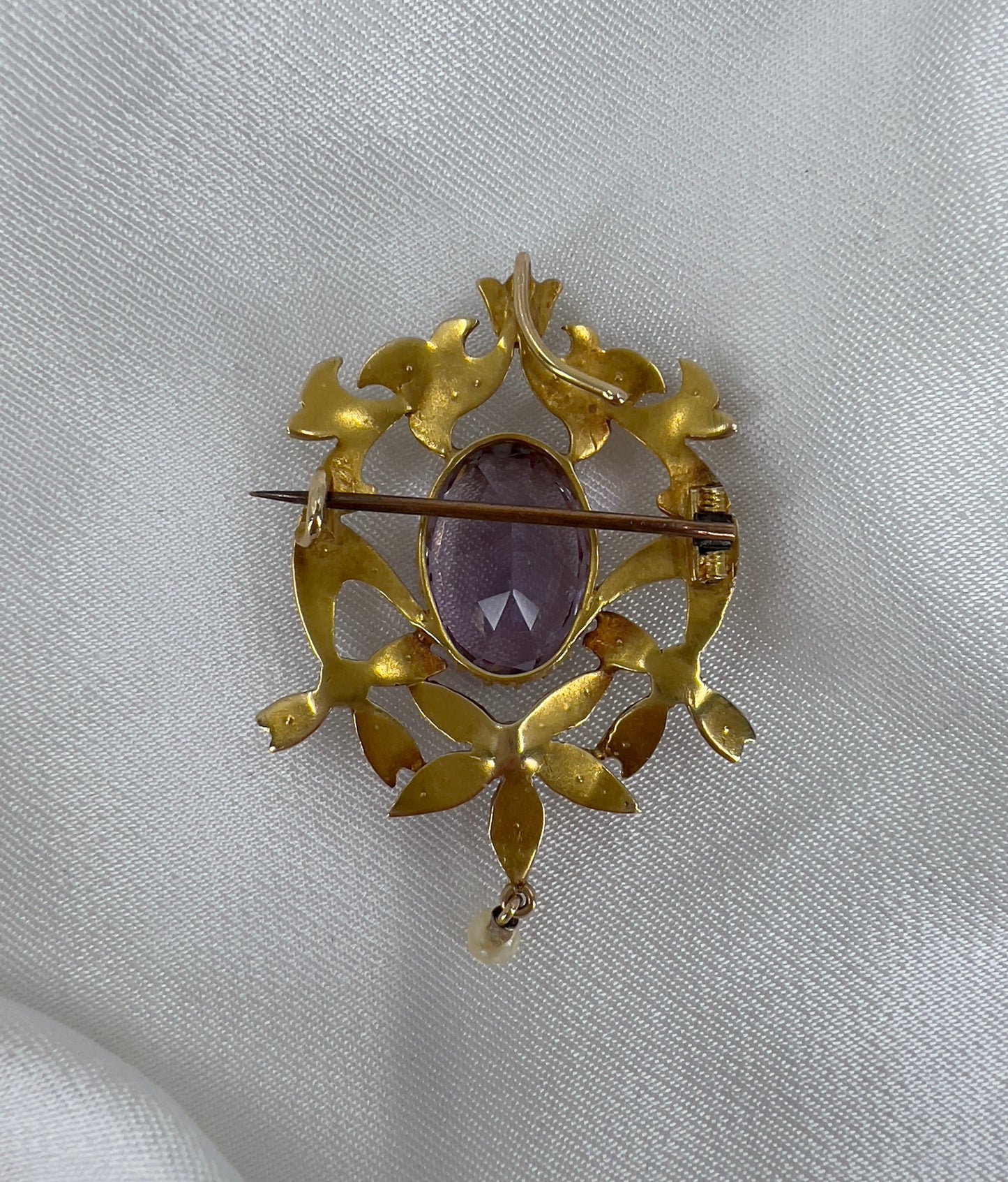 Amethyst & seed pearl 15ct brooch/pendant Hudsons Estate Jewellery