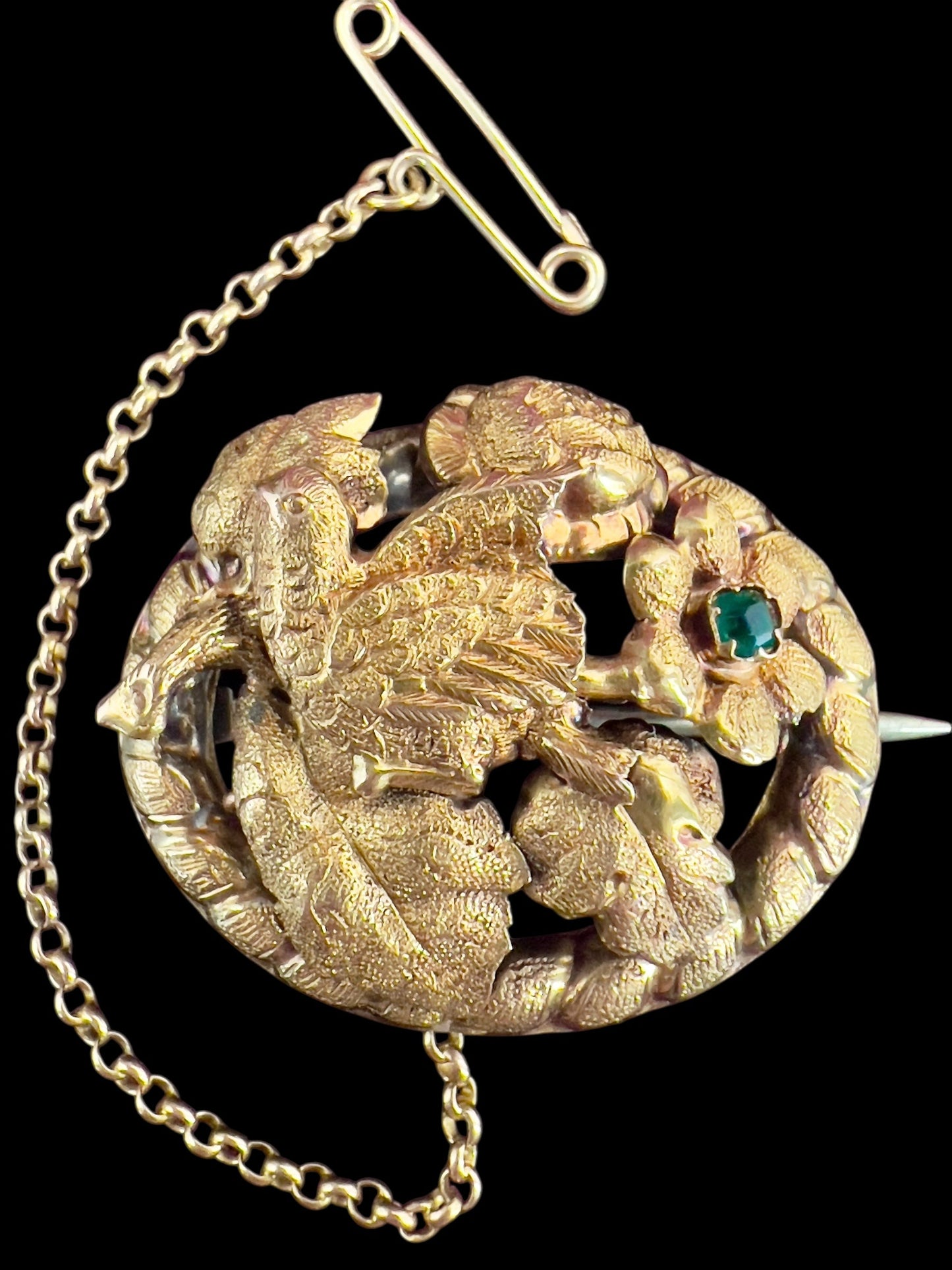 Early Australian 15ct gold bird & green paste brooch Hudsons Estate Jewellery