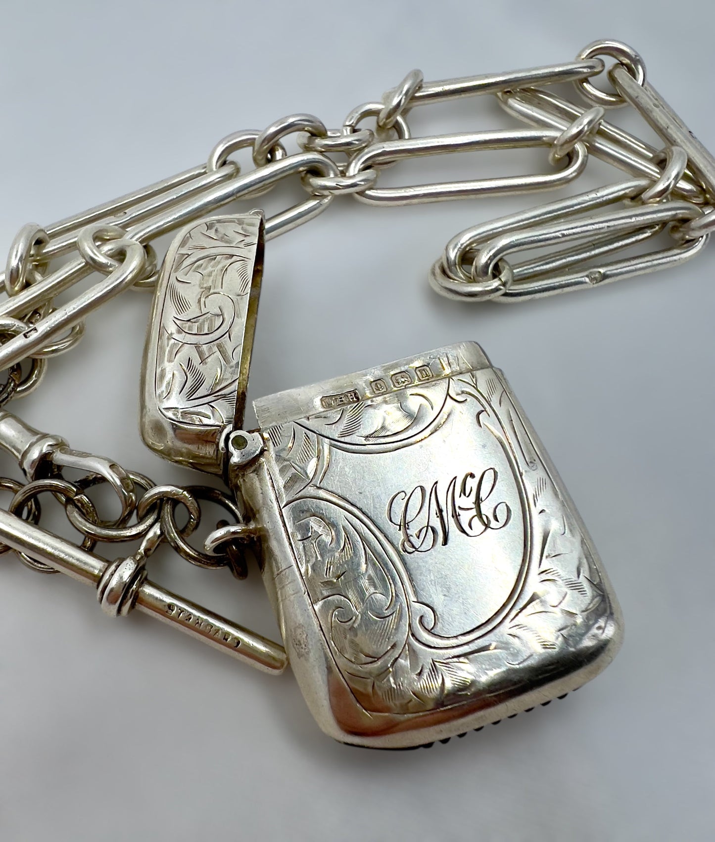 Antique silver trombone link chain with vesta Hudsons Estate Jewellery