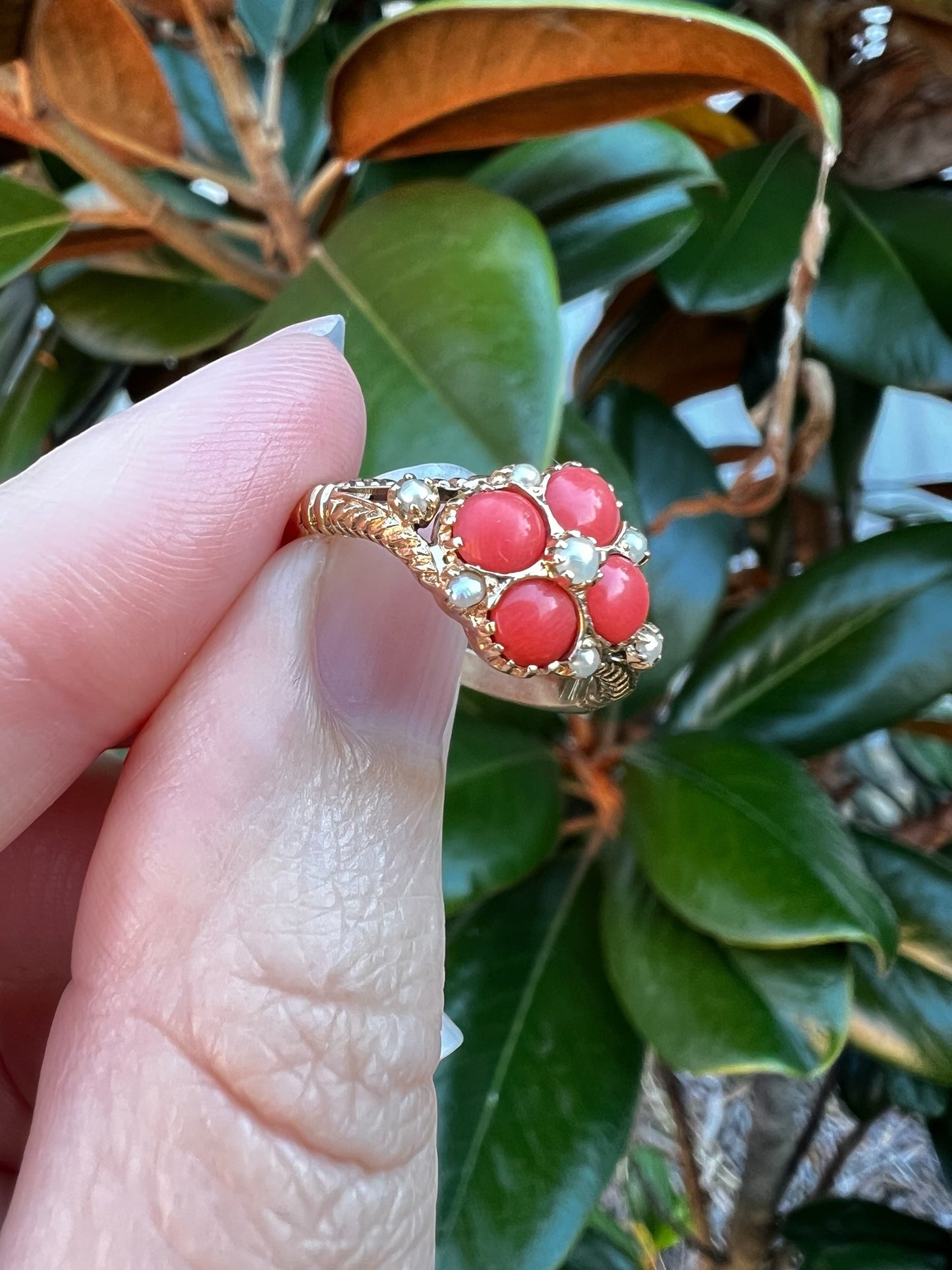 Pearl and coral ring in 9ct gold Hudsons Estate Jewellery
