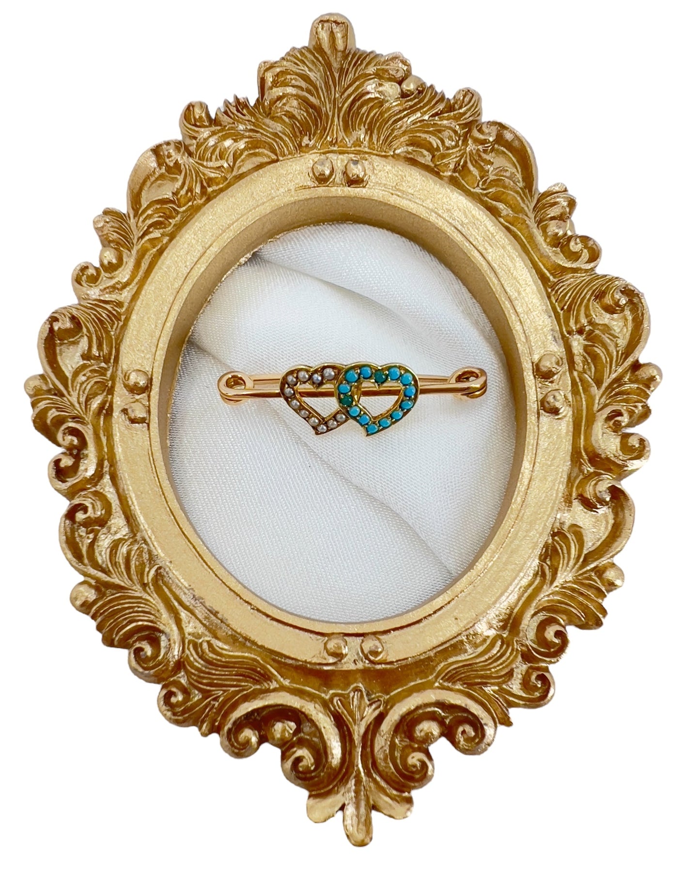 15ct double heart brooch with turquoise and pearl Hudsons Estate Jewellery