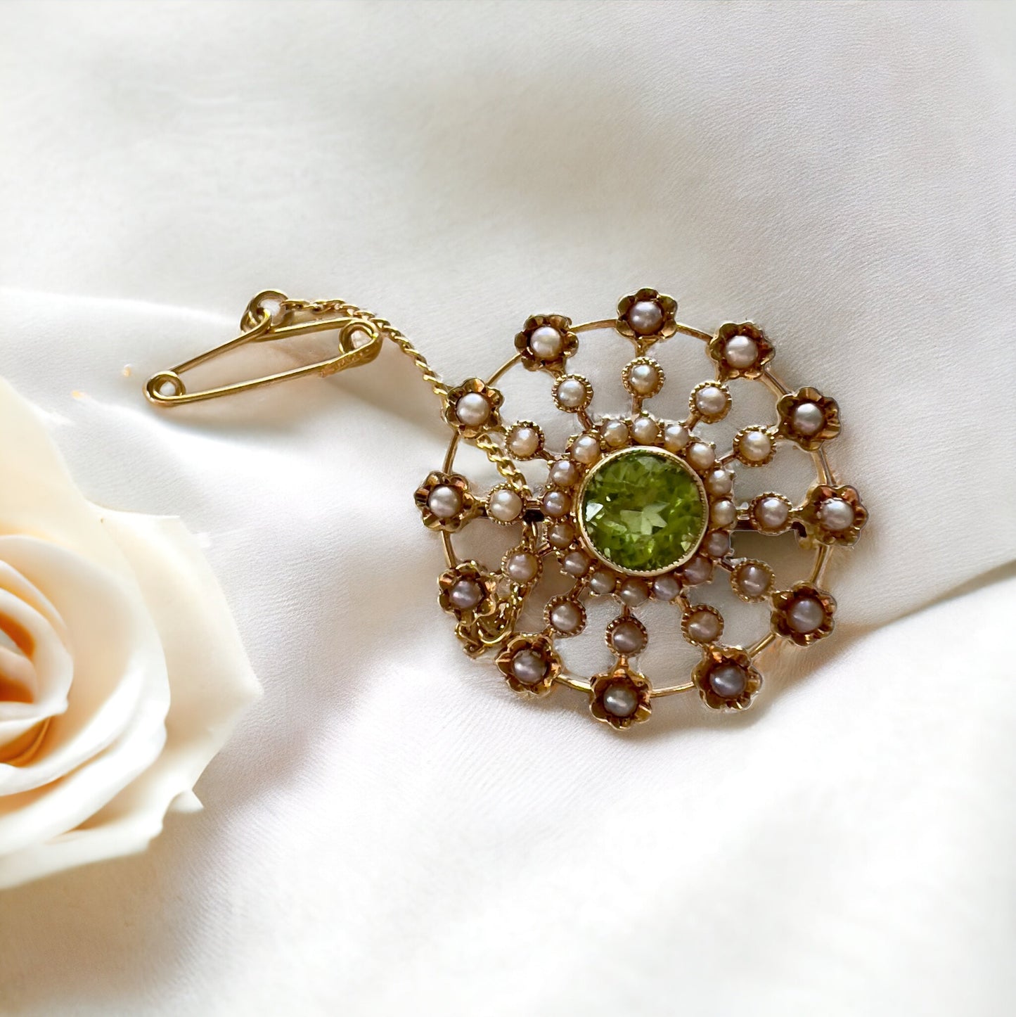 Antique 15ct peridot and seed pearl brooch Hudsons Estate Jewellery