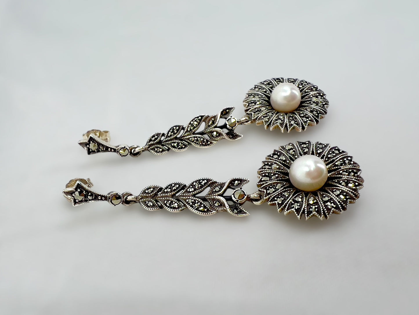 Vintage marcasite & pearl drop earrings Hudsons Estate Jewellery