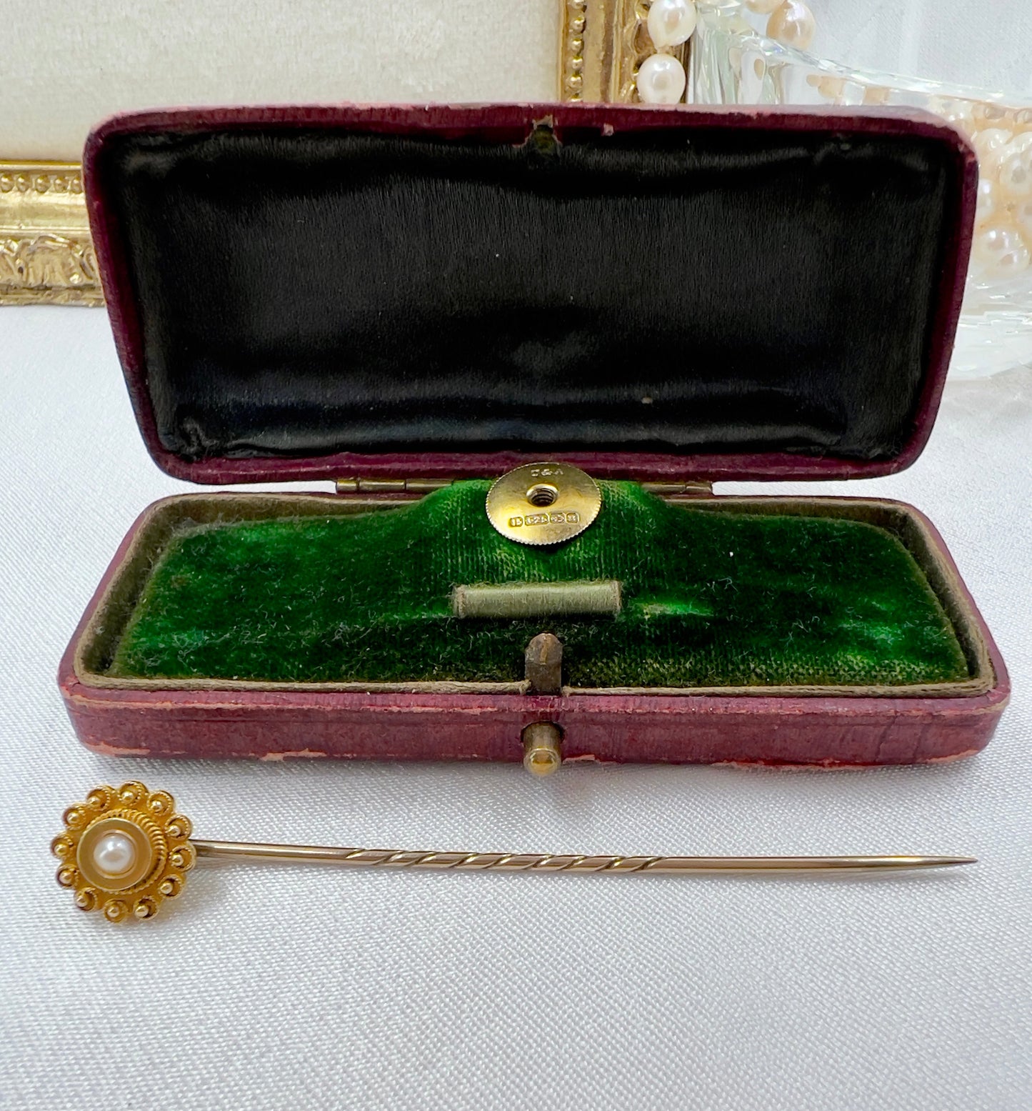 Antique 15ct gold convertible seed pearl stick pin Hudsons Estate Jewellery