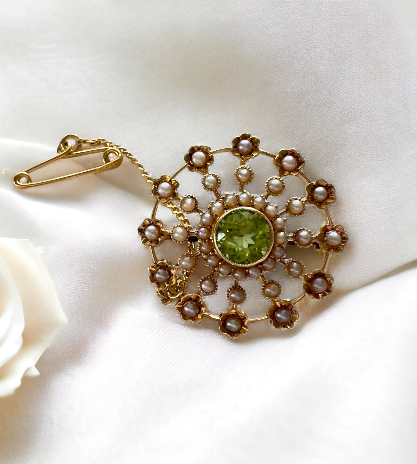 Antique 15ct peridot and seed pearl brooch Hudsons Estate Jewellery