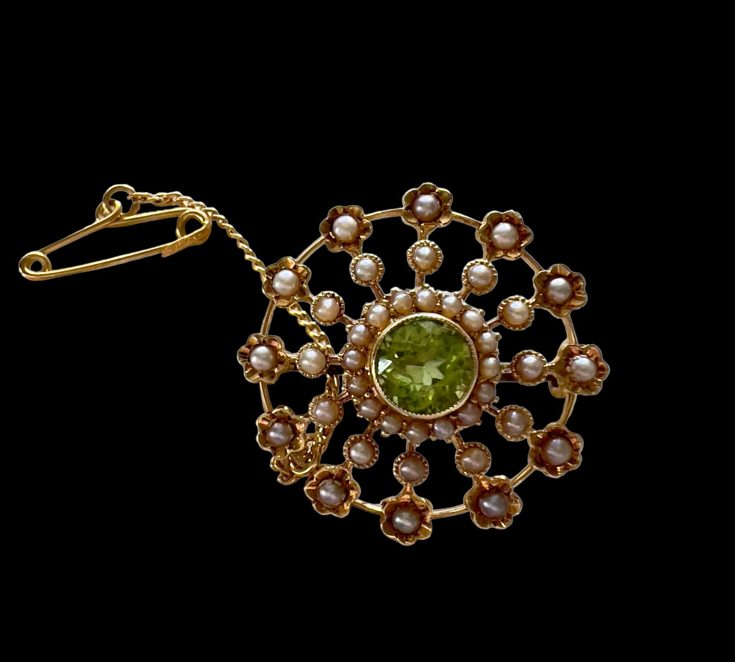 Antique 15ct peridot and seed pearl brooch Hudsons Estate Jewellery