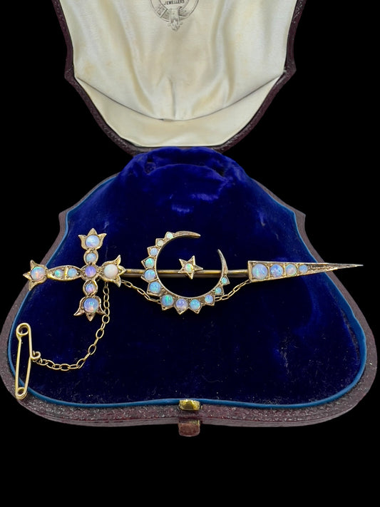 Antique opal sword & crescent brooch in 15ct gold by Aronson & Co Hudsons Estate Jewellery