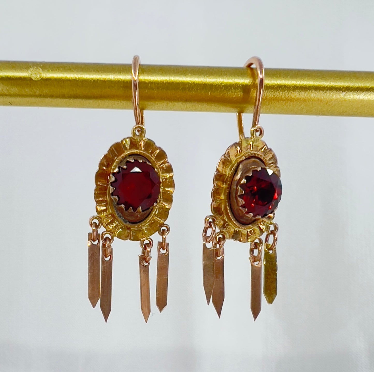 Gold & garnet tassel earrings Hudsons Estate Jewellery