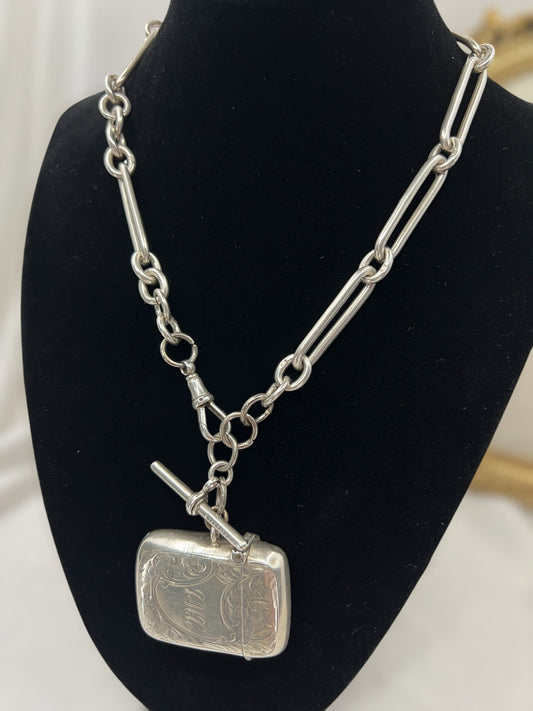 Antique silver trombone link chain with vesta Hudsons Estate Jewellery