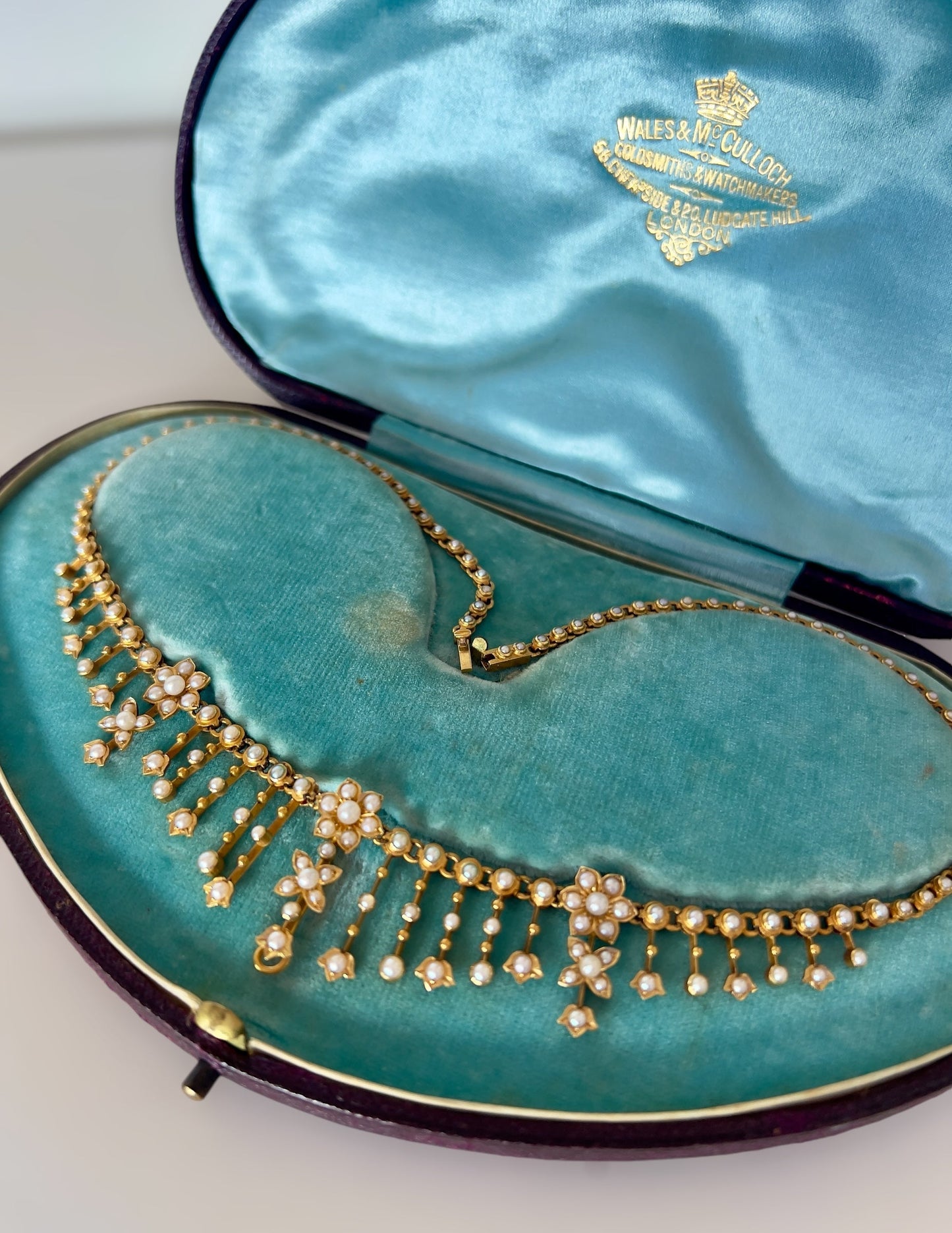 Antique seed pearl & 15ct gold necklace Hudsons Estate Jewellery