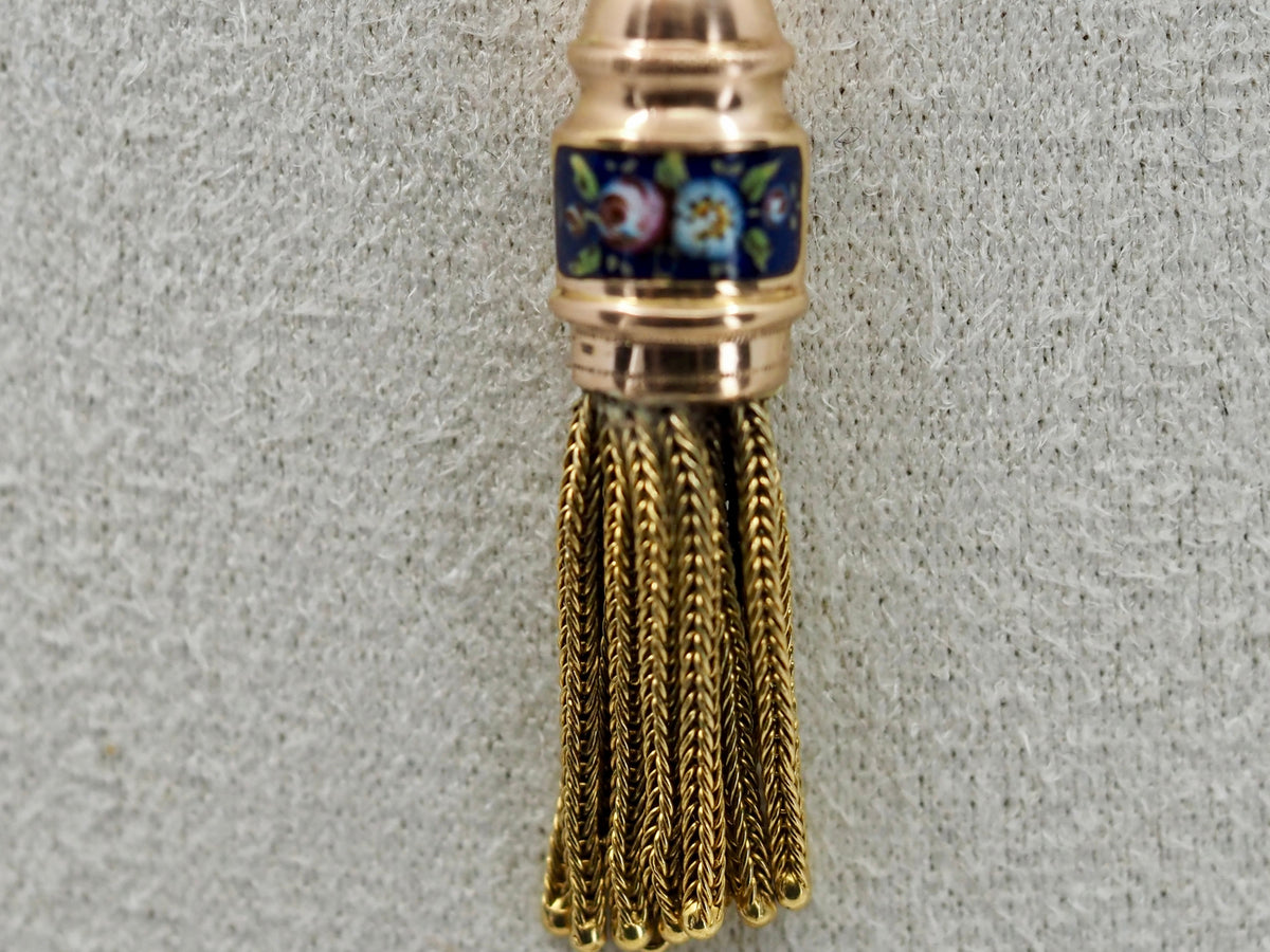 Antique Swiss Enamel and 18ct Gold Tassel Pendant Hudsons Estate Jewellery