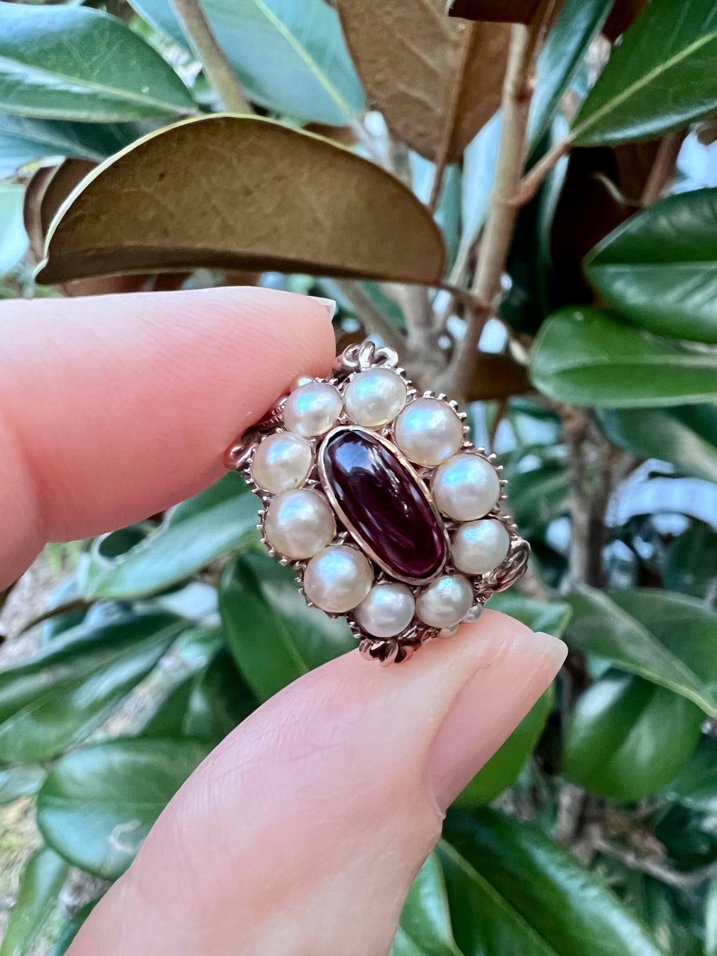 Georgian 15ct Gold, Seed Pearl and Garnet Ring Hudsons Estate Jewellery