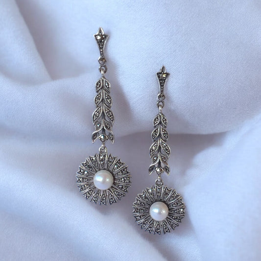 Vintage marcasite & pearl drop earrings 