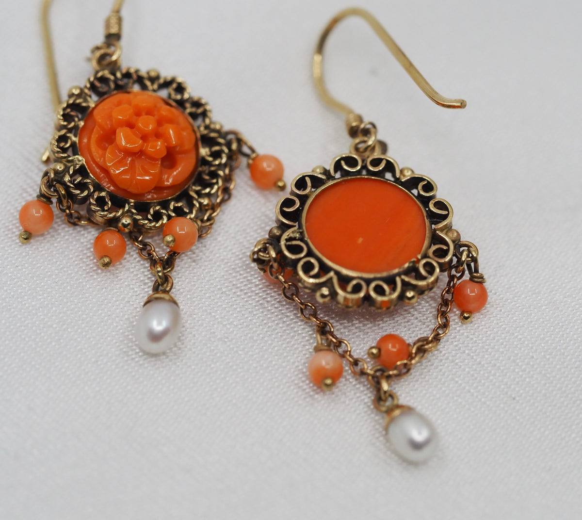 Coral and Seed Pearl Earrings in 9ct Gold Hudsons Estate Jewellery