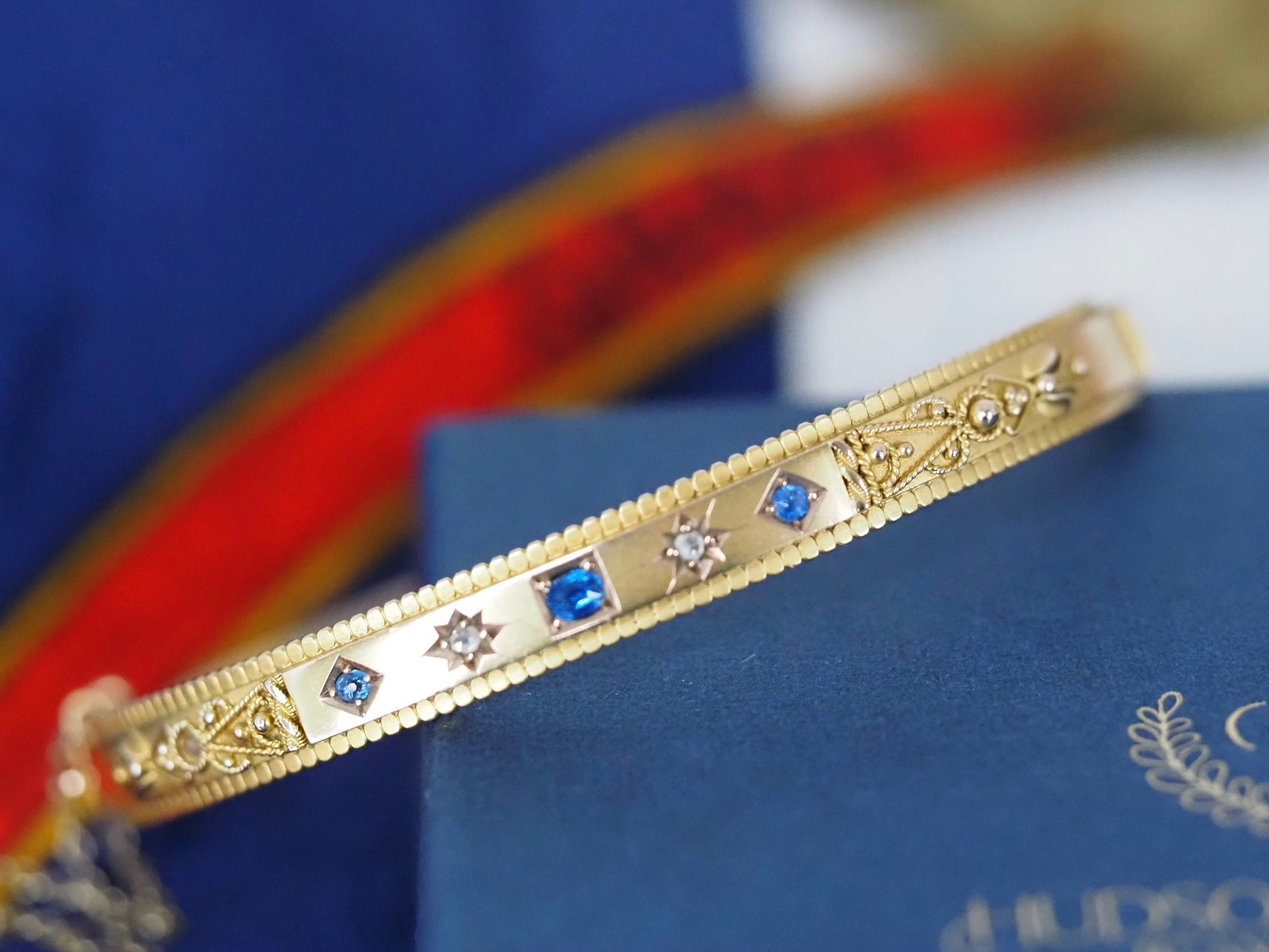 Antique 9ct Gold Sapphire & Diamond Bangle Hudsons Estate Jewellery