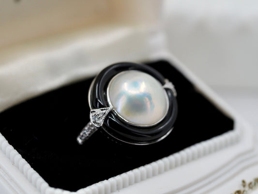 Vintage Mabe pearl, onyx and diamond ring Hudsons Estate Jewellery