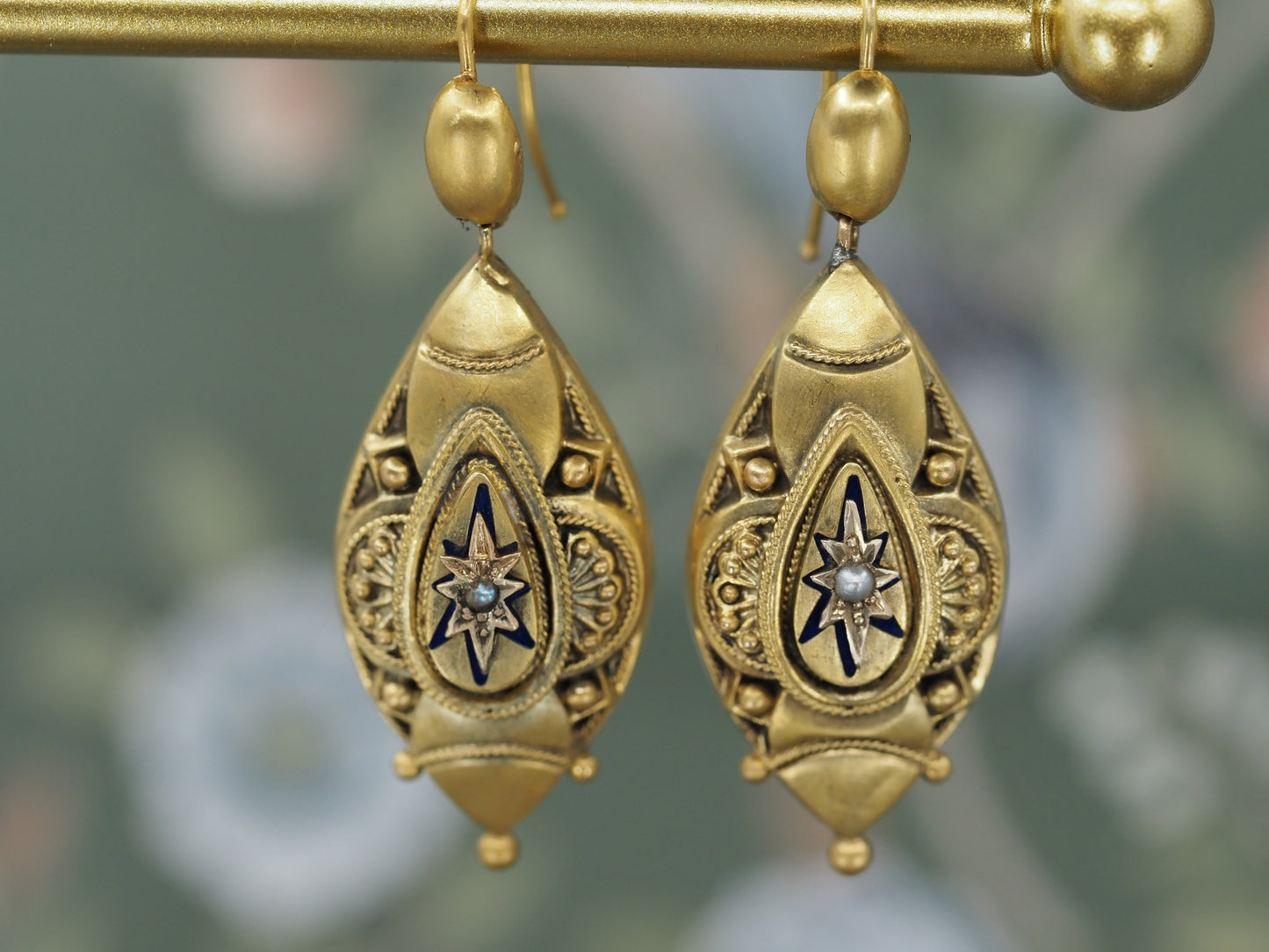 Antique Pearl and Enamel Etruscan Revival Earrings in 18ct Gold Hudsons Estate Jewellery