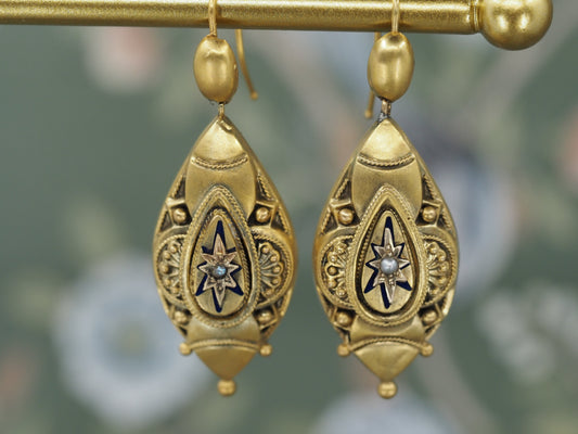 Antique Pearl and Enamel Etruscan Revival Earrings in 18ct Gold Hudsons Estate Jewellery
