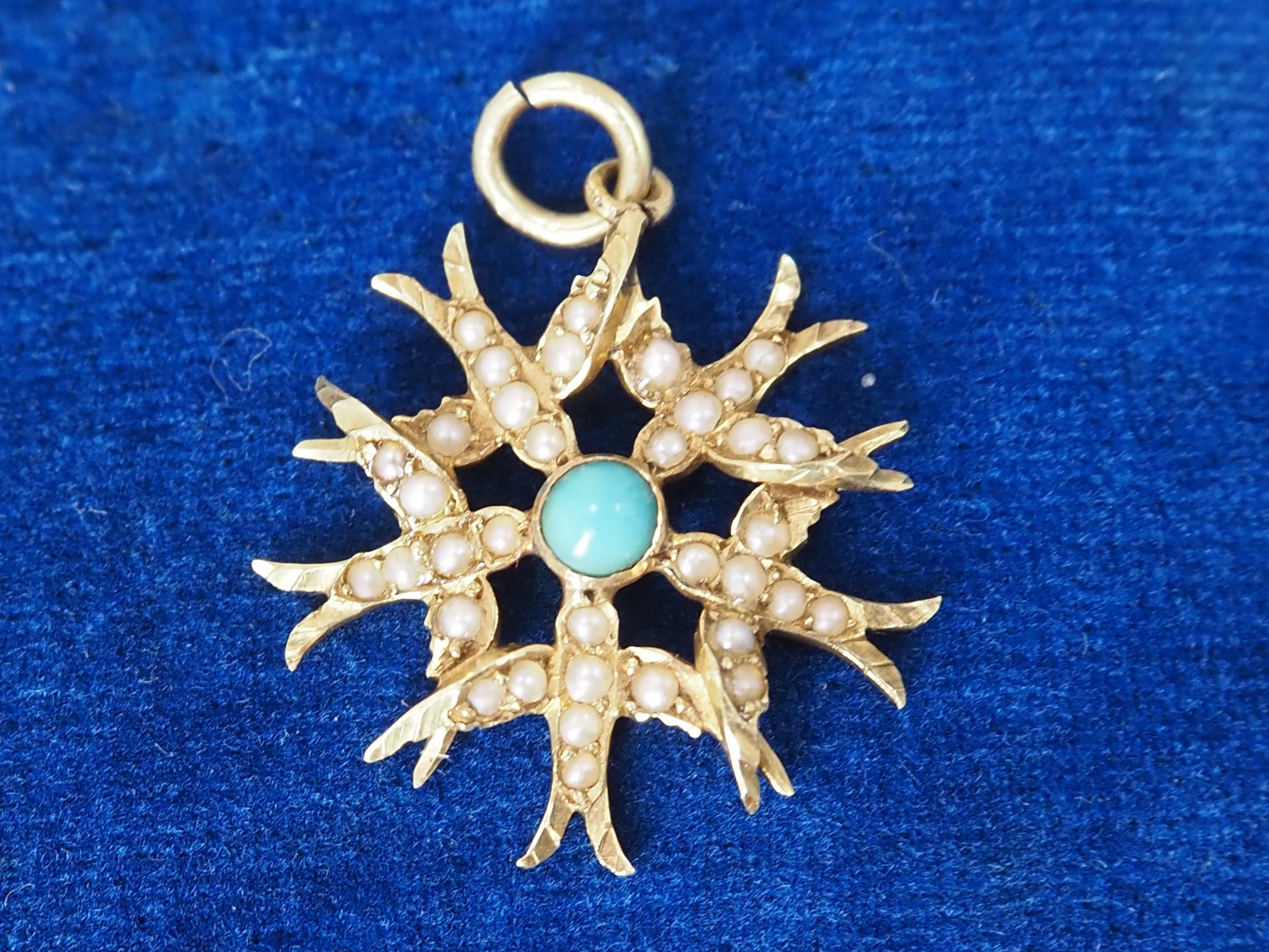 Antique Victorian 15ct Gold Seed Pearl and Turquoise Swallow Pendant Hudsons Estate Jewellery