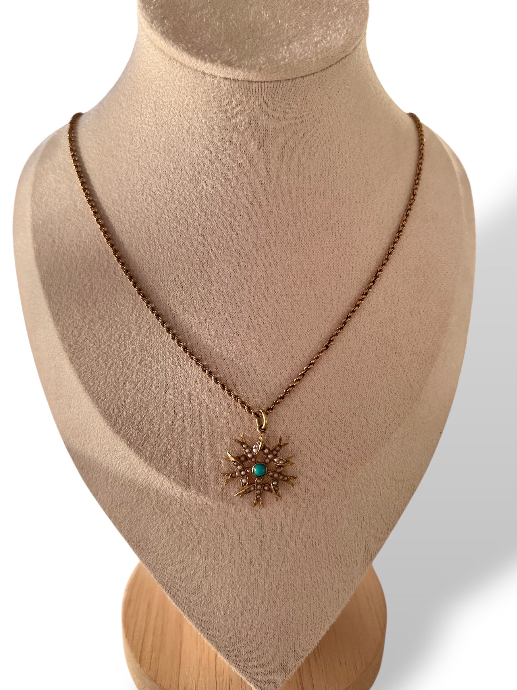 Antique Victorian 15ct Gold Seed Pearl and Turquoise Swallow Pendant Hudsons Estate Jewellery