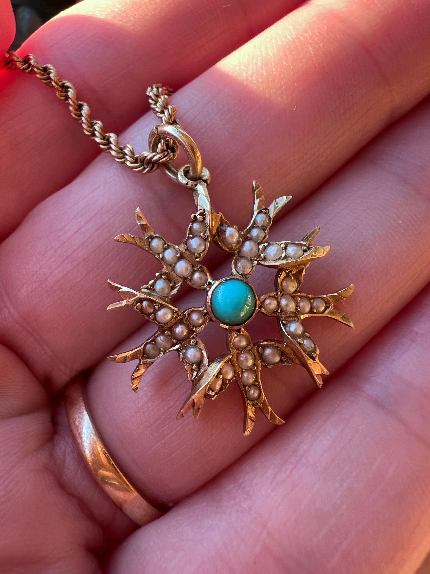 Antique Victorian 15ct Gold Seed Pearl and Turquoise Swallow Pendant Hudsons Estate Jewellery
