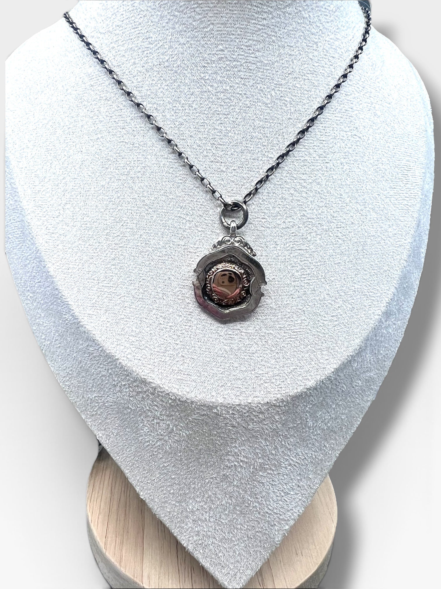 Vintage 1930 Fob Medallion in Sterling Silver & Rose Gold Hudsons Estate Jewellery