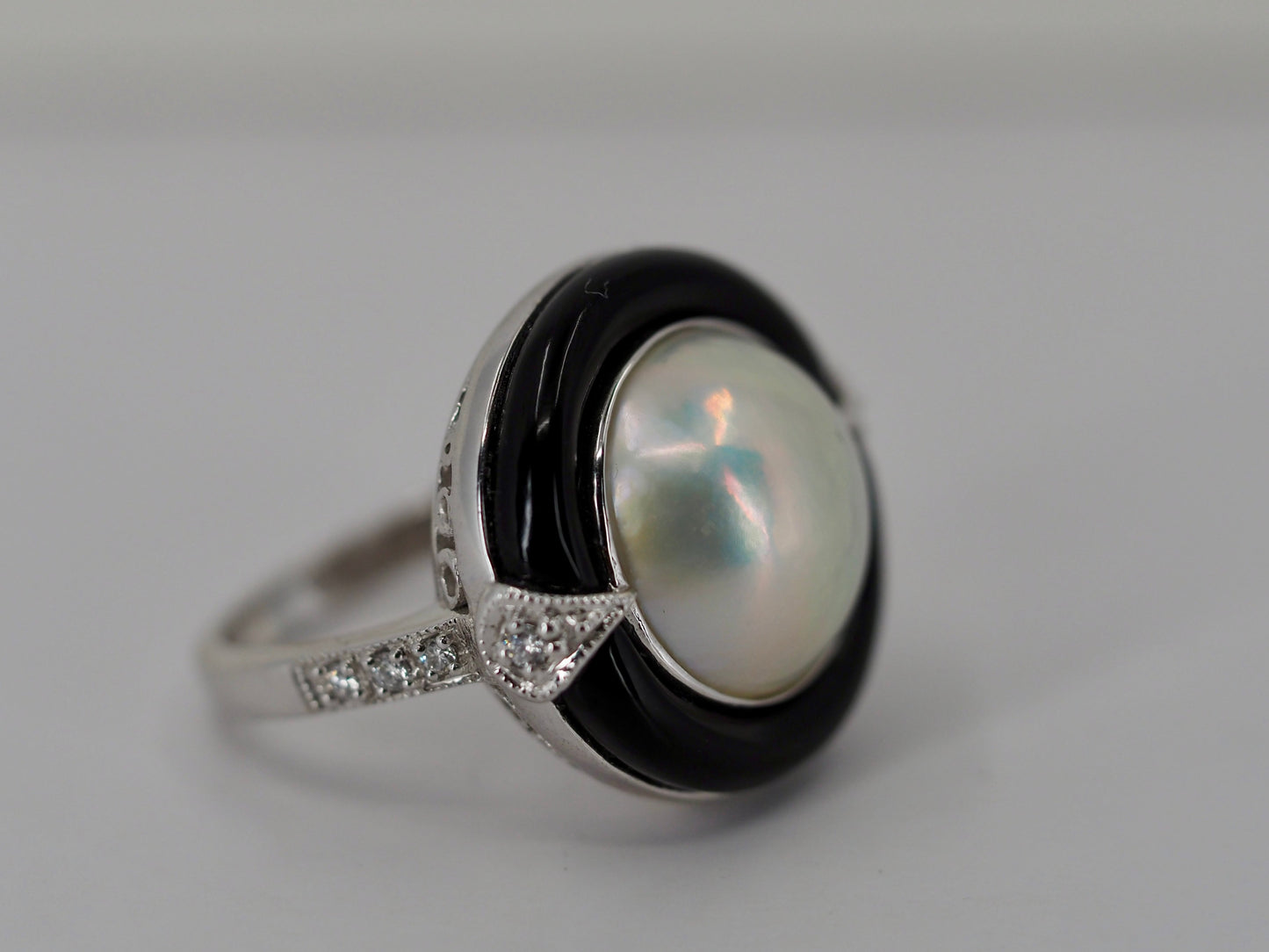 Vintage Mabe pearl, onyx and diamond ring Hudsons Estate Jewellery