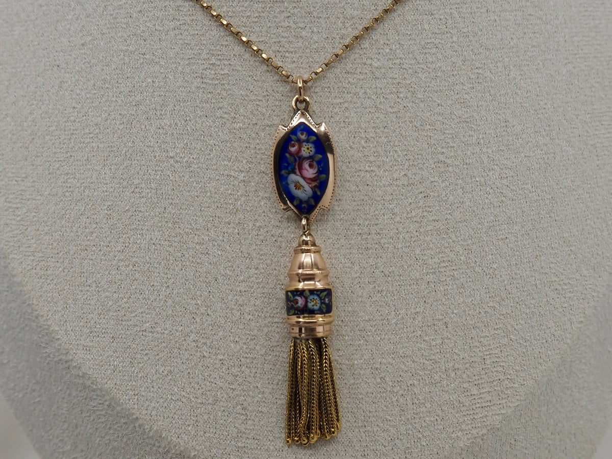Antique Swiss Enamel and 18ct Gold Tassel Pendant Hudsons Estate Jewellery