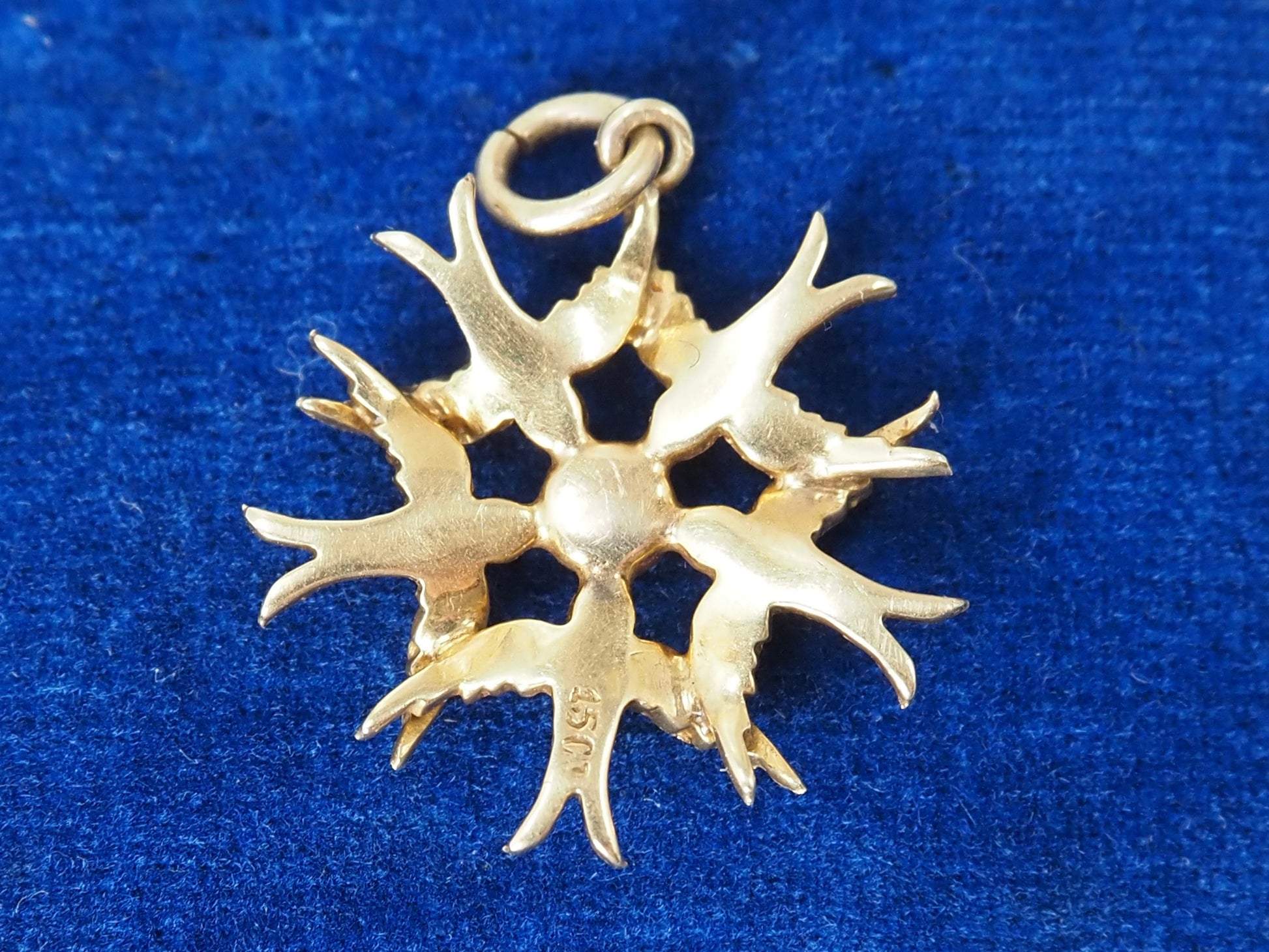 Antique Victorian 15ct Gold Seed Pearl and Turquoise Swallow Pendant Hudsons Estate Jewellery