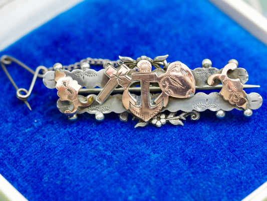 Antique Sterling Silver & Rose Gold Faith, Hope & Charity Brooch Hudsons Estate Jewellery