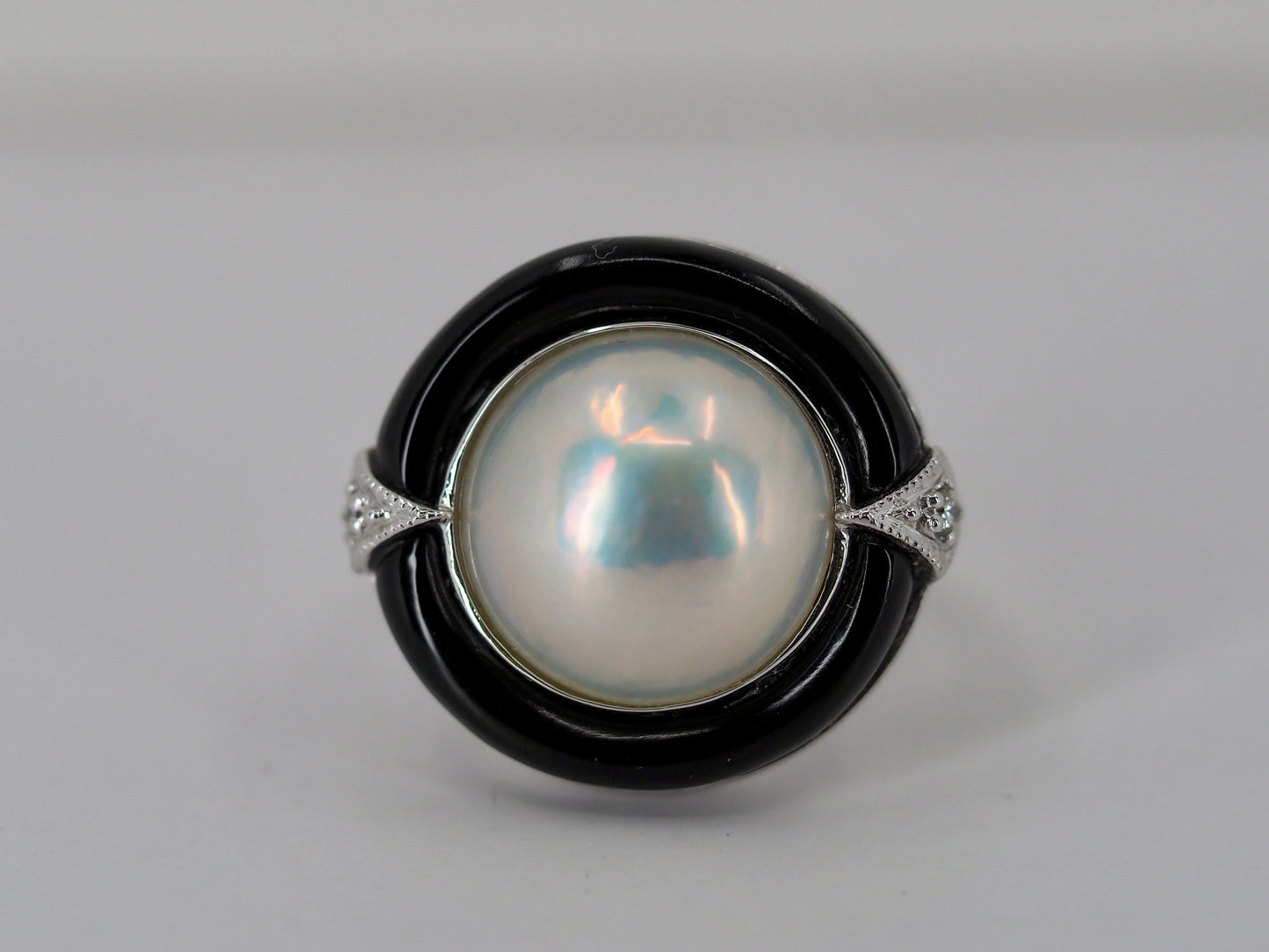 Vintage Mabe pearl, onyx and diamond ring Hudsons Estate Jewellery