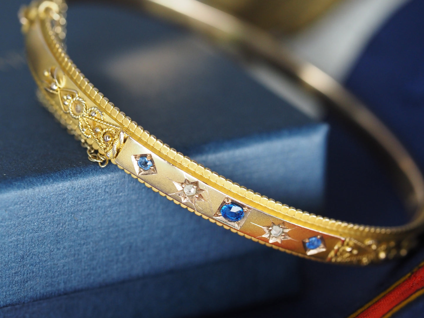 Antique 9ct Gold Sapphire & Diamond Bangle Hudsons Estate Jewellery