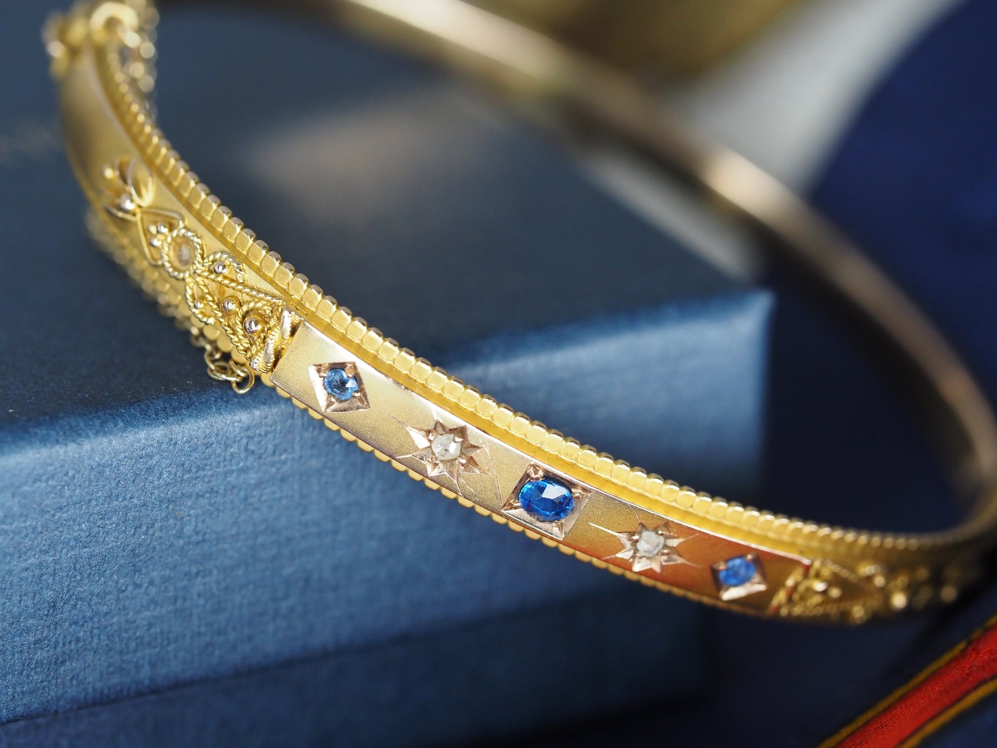 Antique 9ct Gold Sapphire & Diamond Bangle Hudsons Estate Jewellery