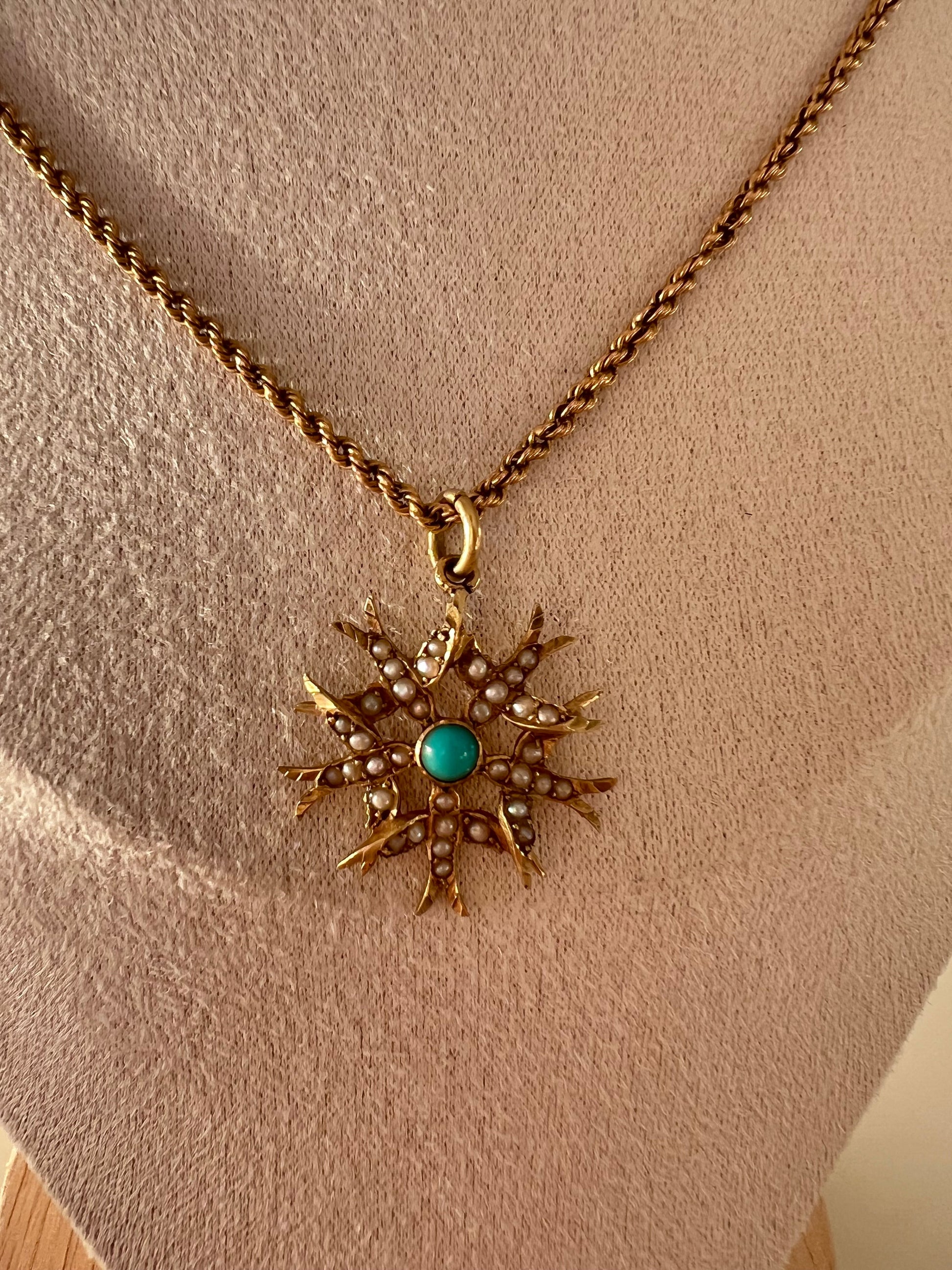 Antique Victorian 15ct Gold Seed Pearl and Turquoise Swallow Pendant Hudsons Estate Jewellery